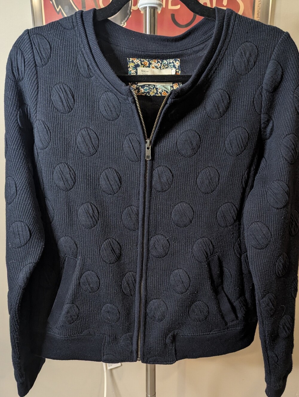 $55 Anthropologie Saturday Sunday Navy Raised Circle Jacquard Bomber Jacket EUC
